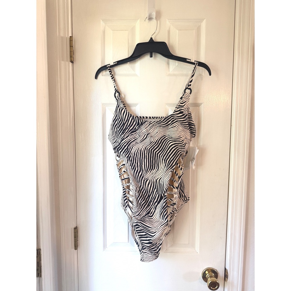 Red Carter Zebra Print Cutout One Piece Swimsuit Black White Large NWOT